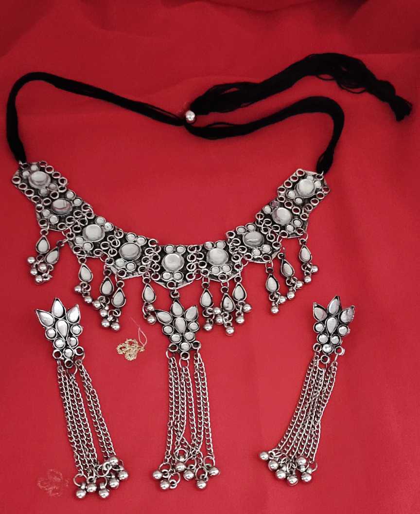 Cardinal Oxidized Silver Color White Stone Choker Necklace Set