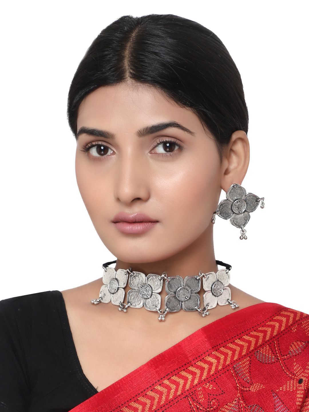 Cardinal Oxidized Silver Color Choker Necklace Set