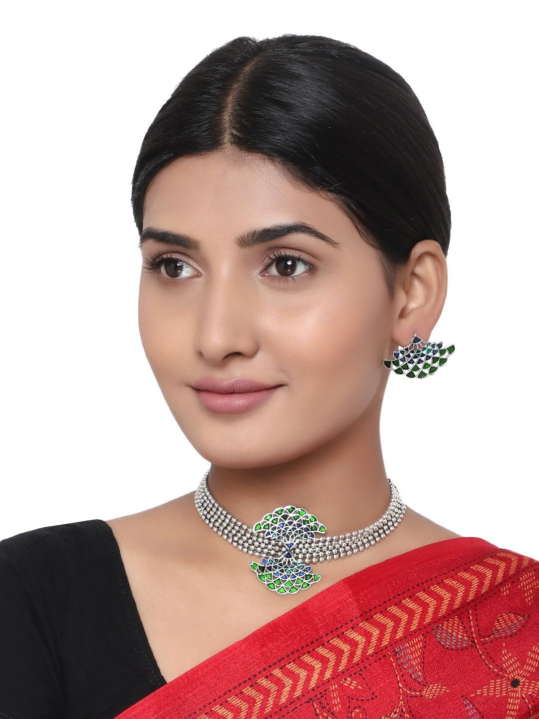 Cardinal Oxidized Silver Color Blue Minakari Choker Necklace Set