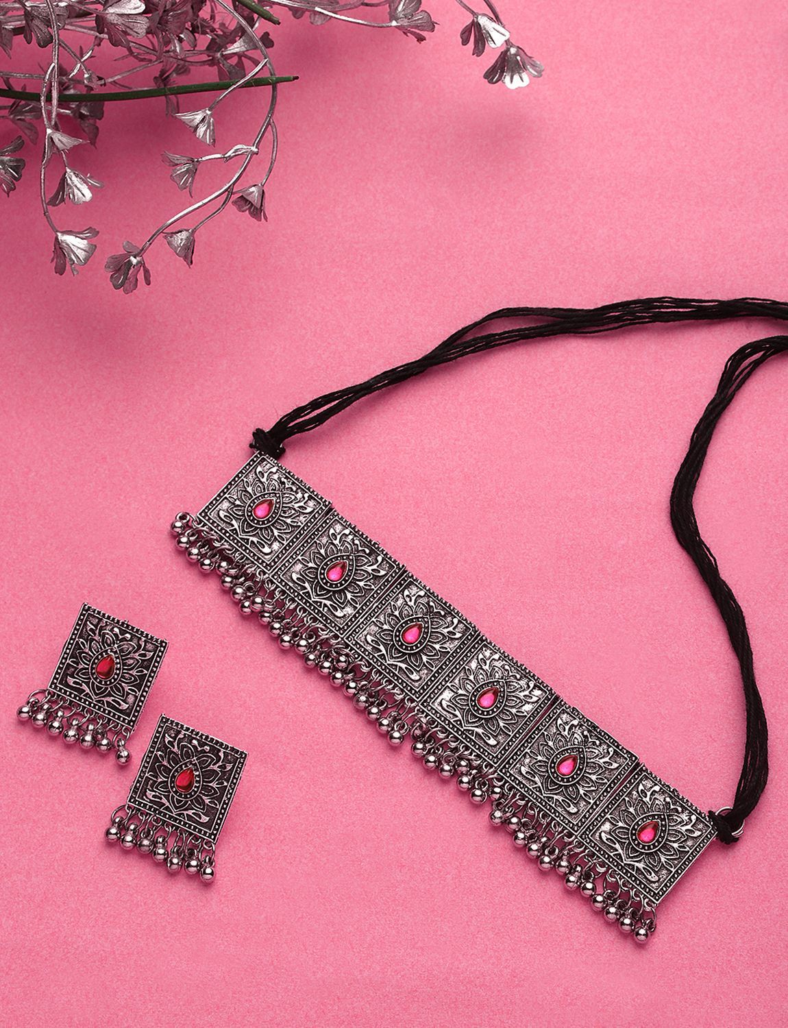 Cardinal Oxidized Silver Color Pink Stone Choker Necklace Set