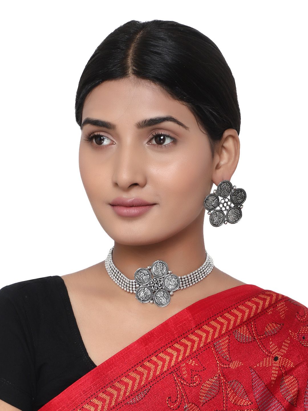 Cardinal Oxidized Silver Choker Necklace Set