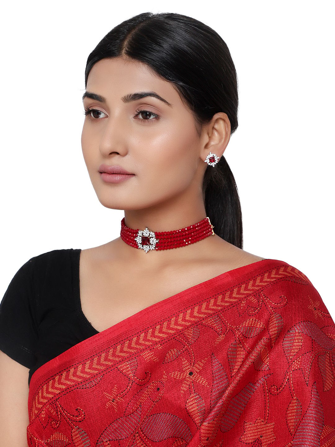 Cardinal American Diamond Maroon Color Multistring Gold Plated Brass Choker Necklace set
