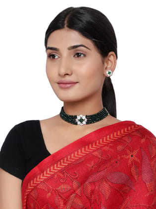 Cardinal American Diamond Multistring Green Onyx Brass Gold Plated Choker Necklace set