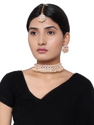 Cardinal Red Stone Kundan Gold Plated Brass  Maang Tika & Choker Necklace Set