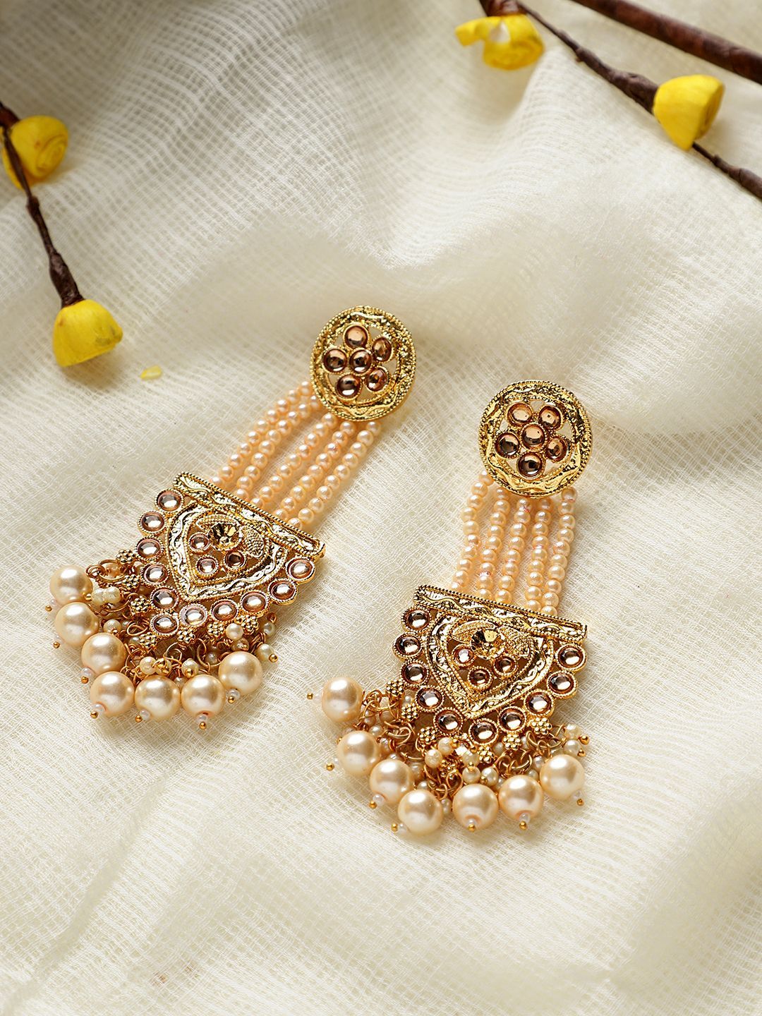 Cardianl Gold Plated Moti Brass Party Wear Earrings Set