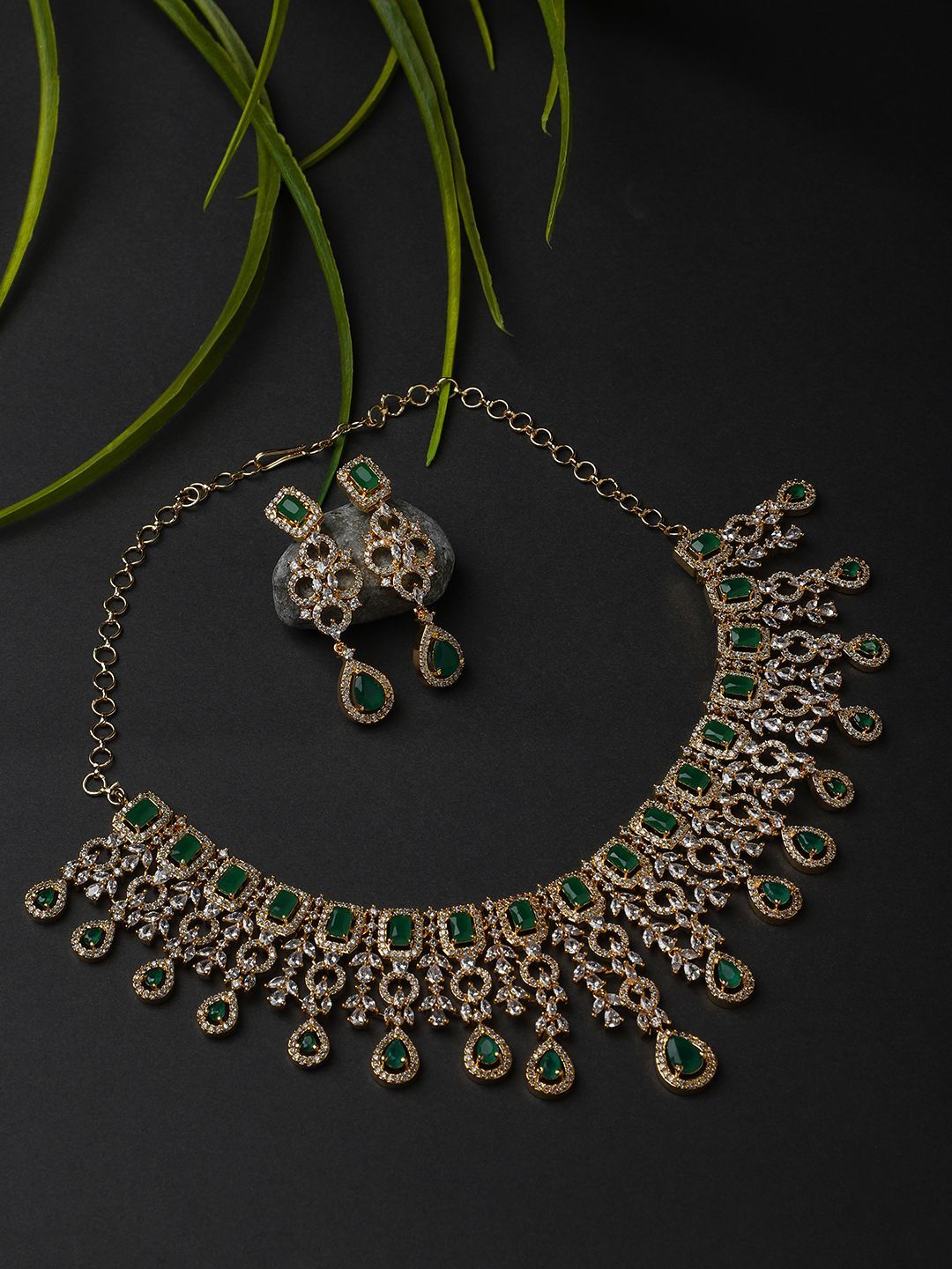 Cardinal Gold Plated Green color Stone Brass American Diamond Necklace Set