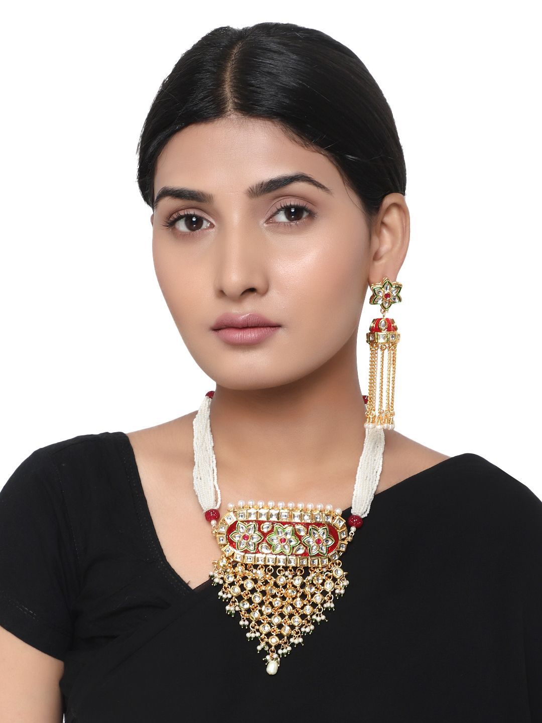 Cardinal Maroon Colror Minakari Gold Plated Kundan White Beads Multistring Necklace Set