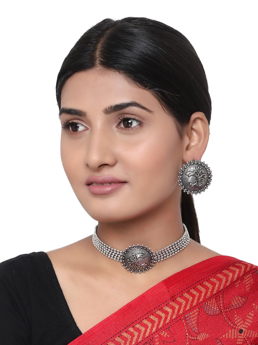 Cardinal Oxidized Silver Color Choker Necklace Set