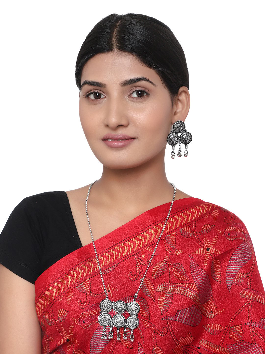 Cardinal Oxidized Silver Color Long Necklace Set