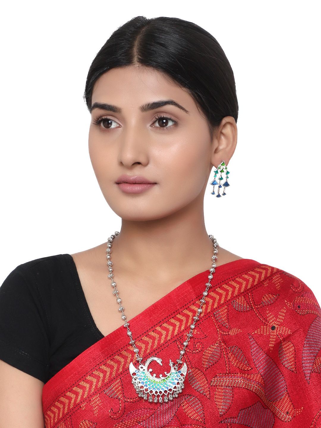 Cardinal Blue Color Minakari Oxidized Silver Color Long Necklace Set