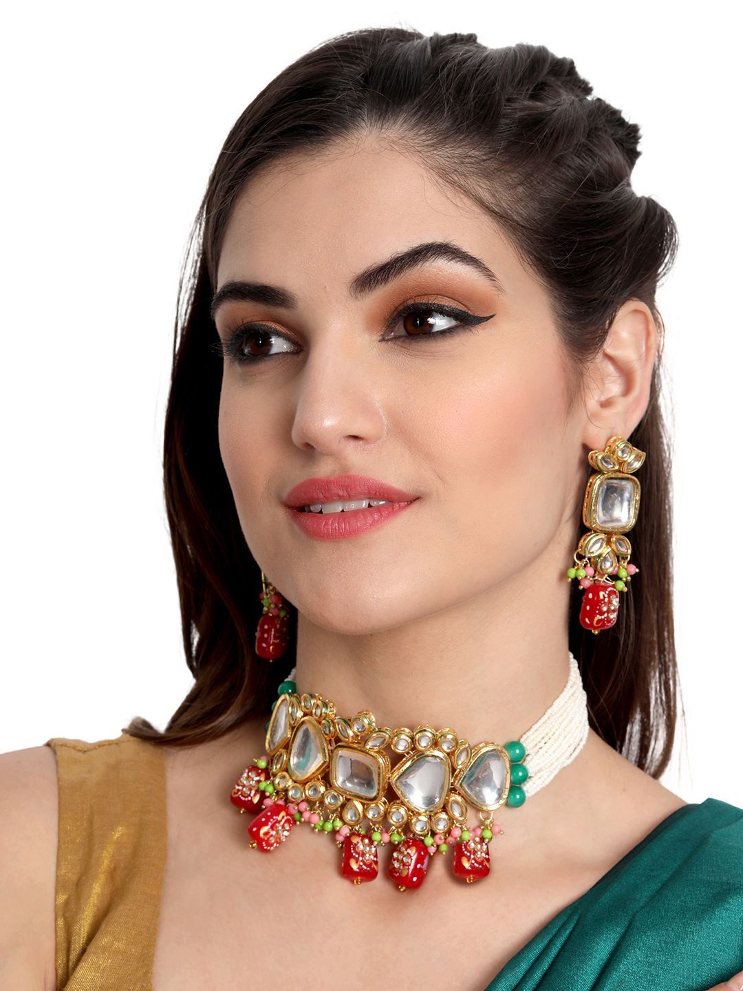 Cardinal White Color Multistring Onyx Red Color Kundan Choker Kundan Necklace Set