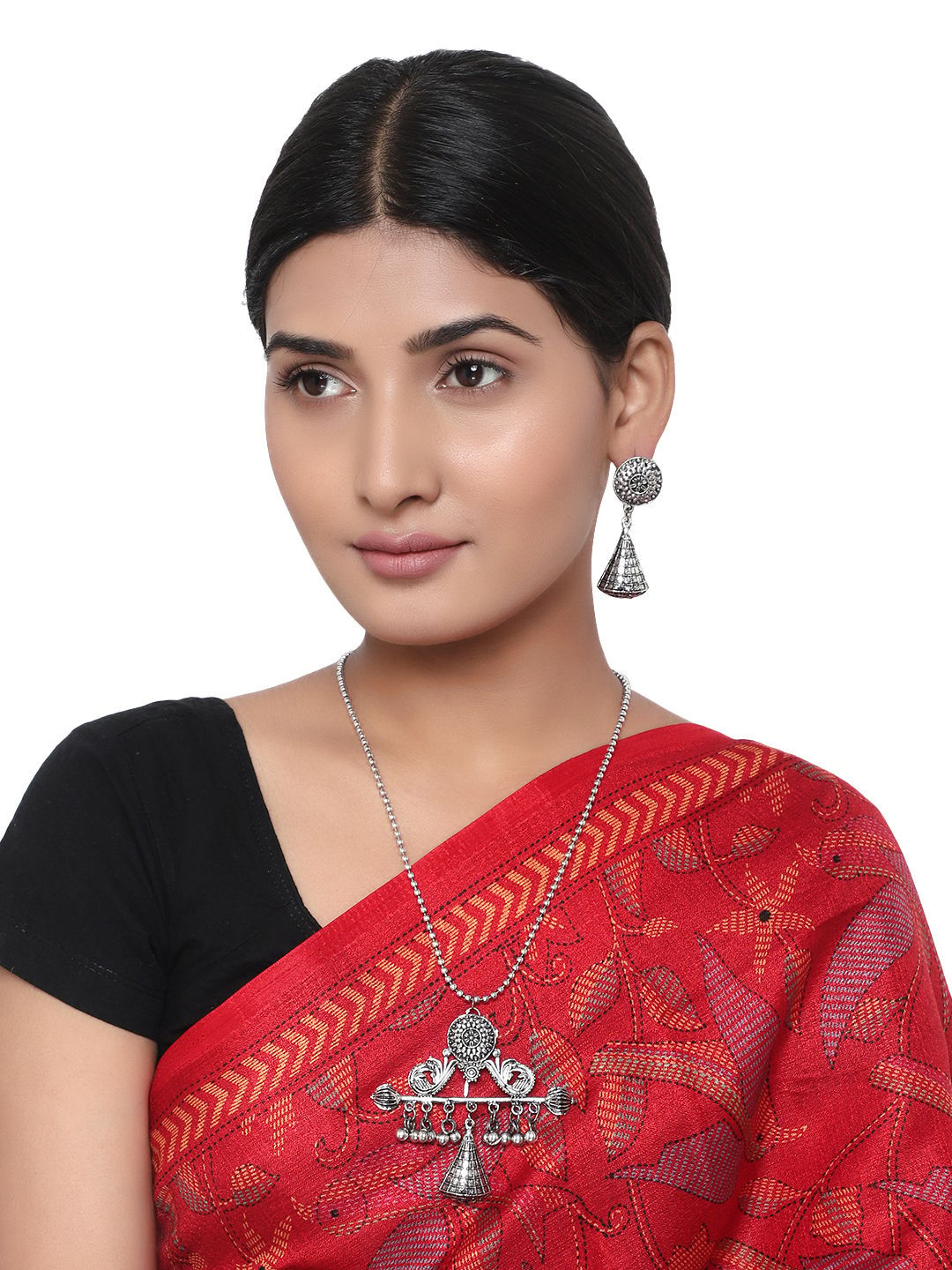 Cardinal Oxidized Silver Color Long Necklace Set