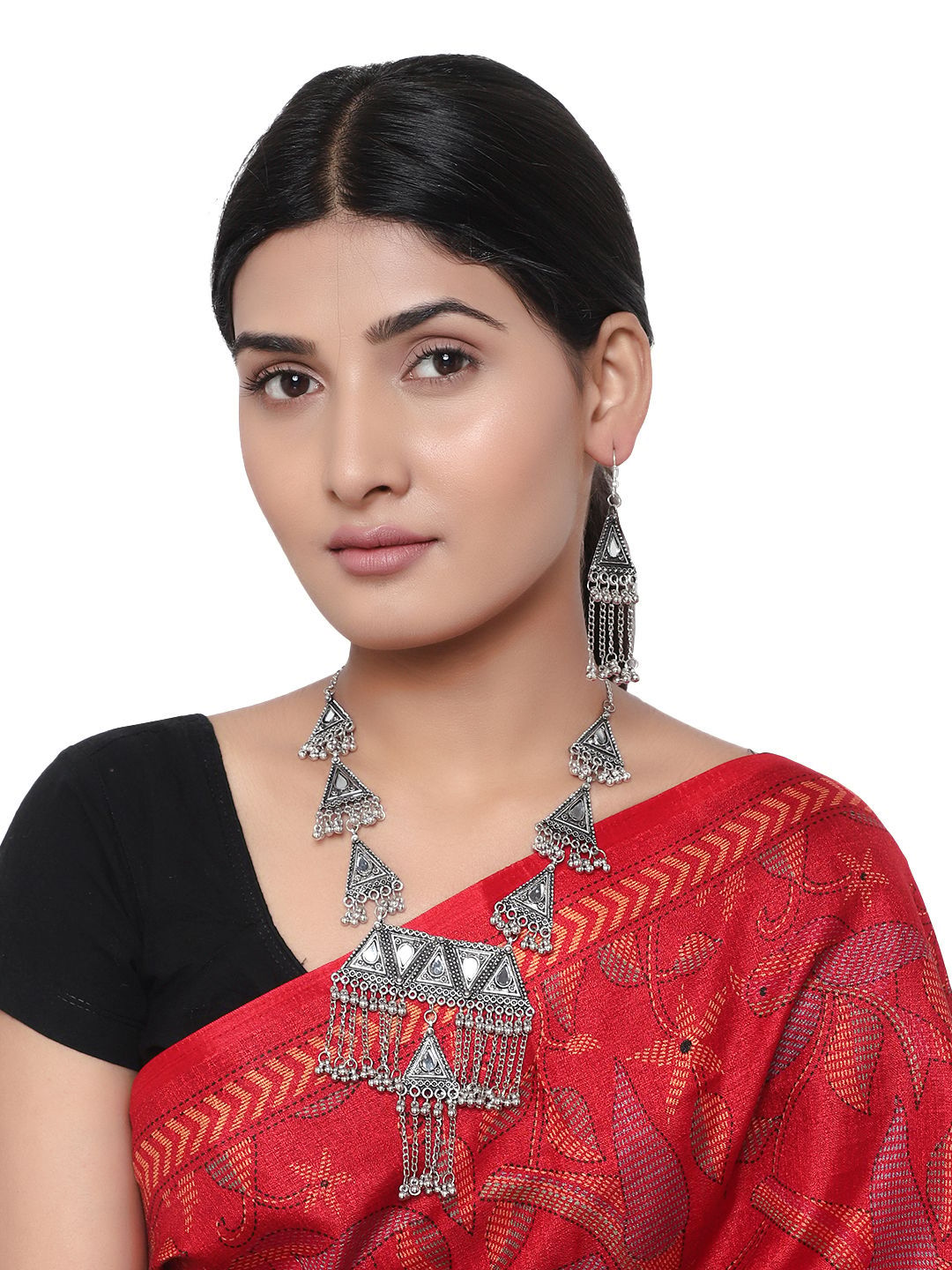 Cardinal Oxidized Silver Color White Stone Long Necklace Set