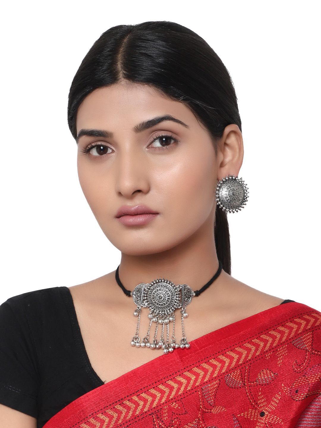 Cardinal Oxidized Silver Color Choker Necklace Set