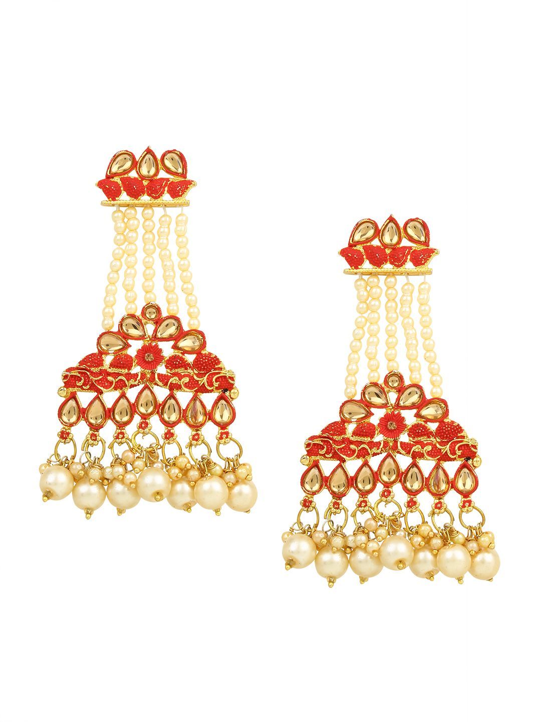 Cardinal Gold Color Moti Gold Plated Brass Red Minakari Earrings Set