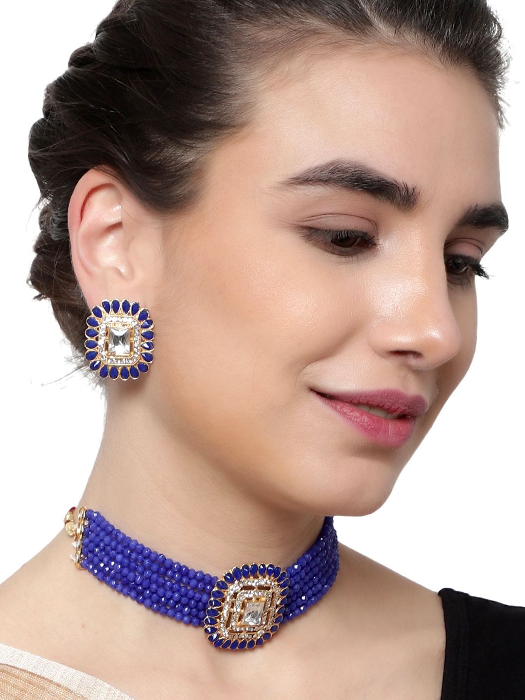 Cardinal Blue Onyx Multistring Brass Gold Plated Kundan Choker Necklace Set