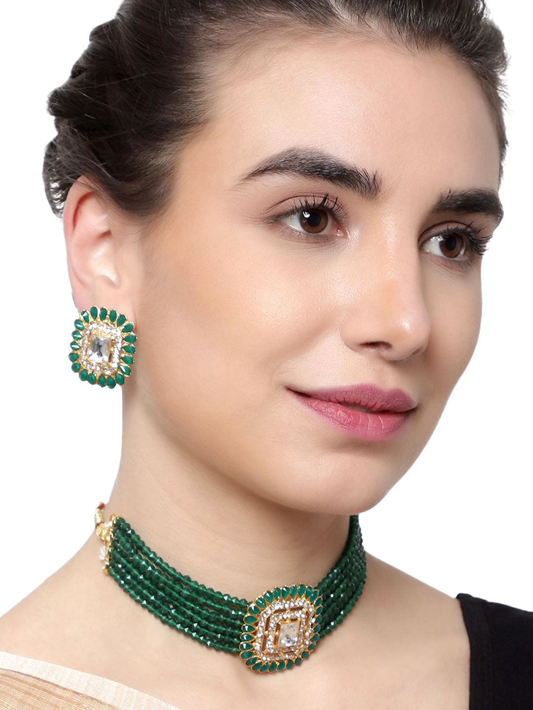 Cardinal Kundan Green Multistring Onyx Brass Choker Necklace Set
