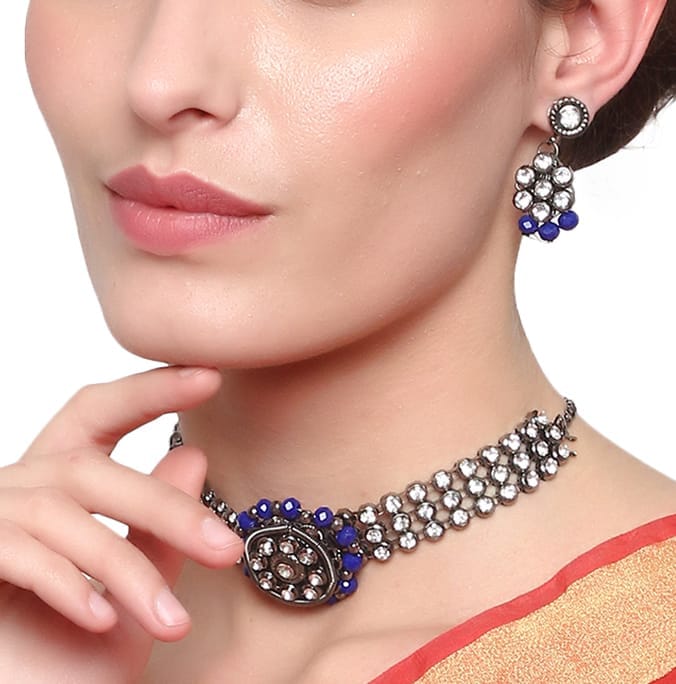 Cardinal Oxidized Silver Color Blue Stone Choker Necklace Set