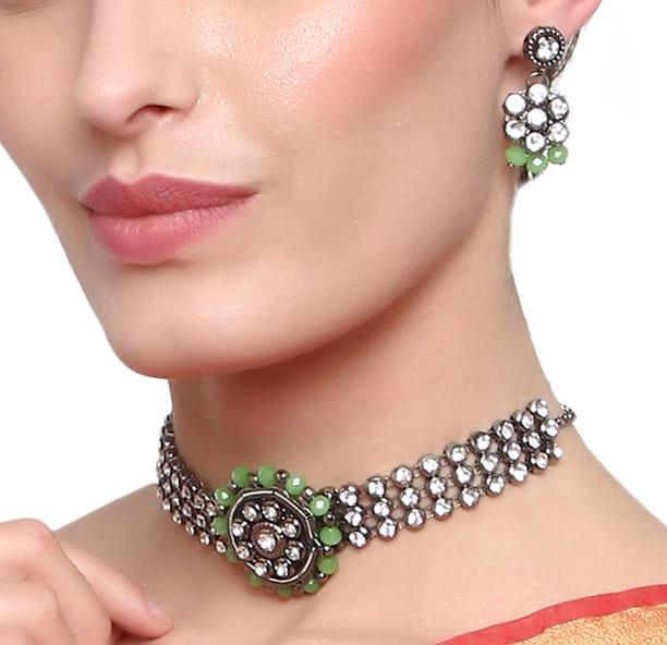 Cardinal Oxidized Silver Color Green Color Stone Choker Necklace Set