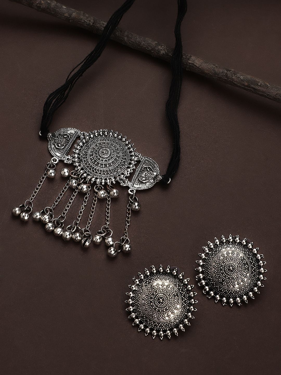 Cardinal Oxidized Silver Color Choker Necklace Set
