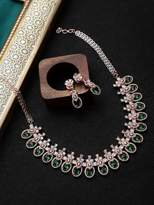 Cardinal Rose Gold plated Brass Green Stone American Diamond Necklace Set