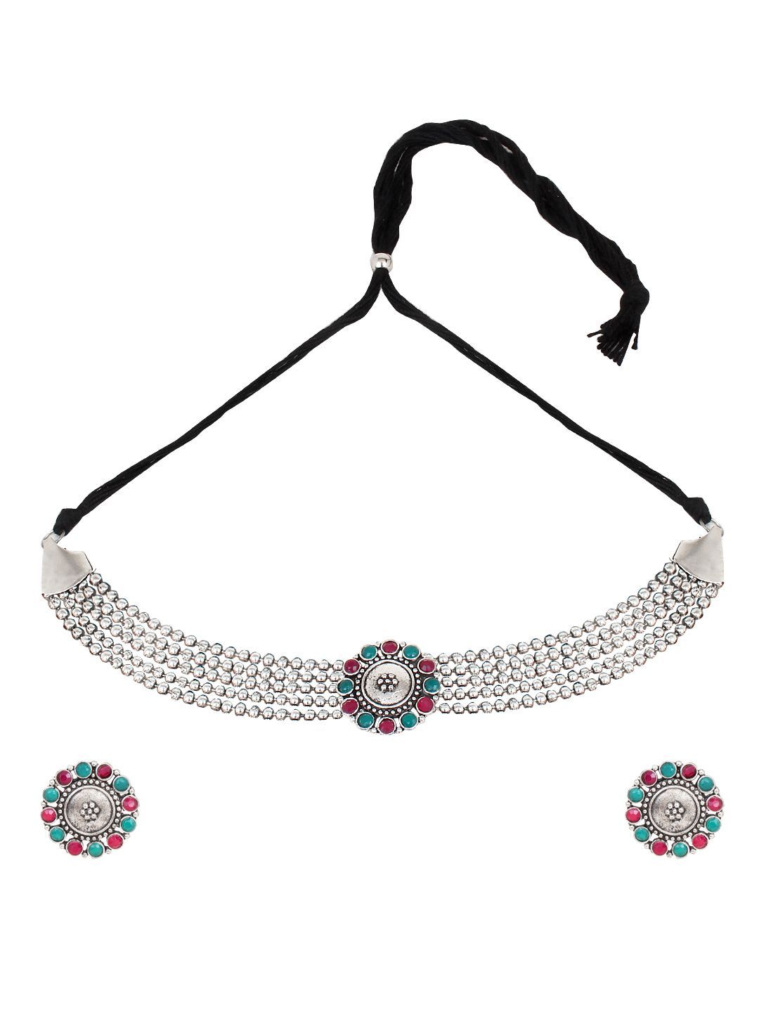 Cardinal Oxidized Silver Color Multicolor Stone Choker Necklace Set