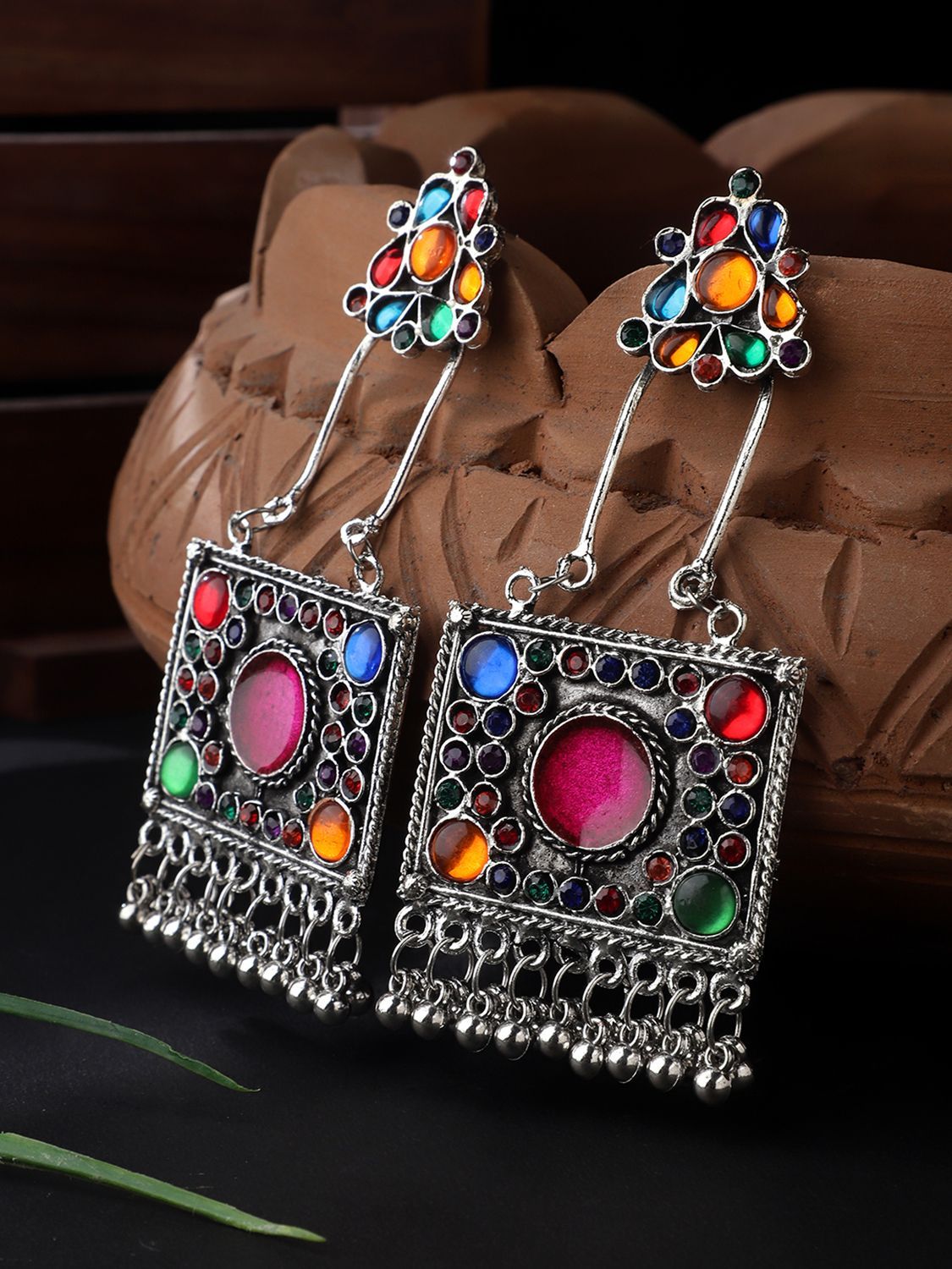 Cardinal Oxidized Silver Color Multicolor Stone Antique Earrings