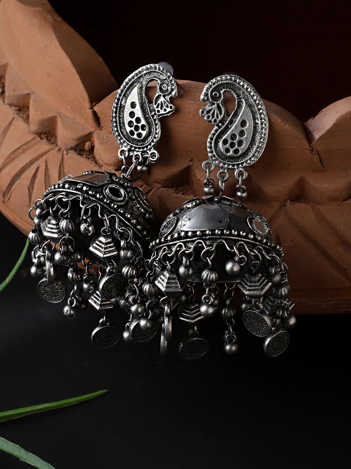 Cardinal Oxidized Silver Color Stone Antique Light Weight Jhumki Earings