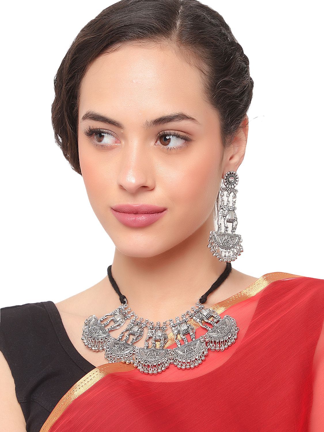 Cardinal Oxidized Silver Color Choker Necklace Set
