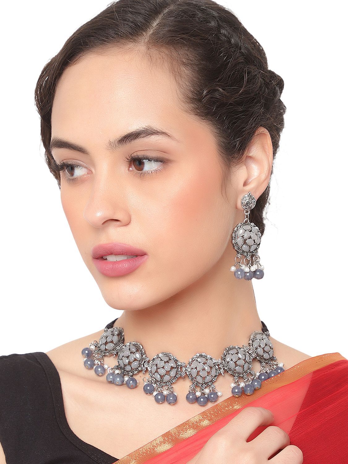 Cardinal Oxidized Silver Color Silver Stone Choker Necklace Set
