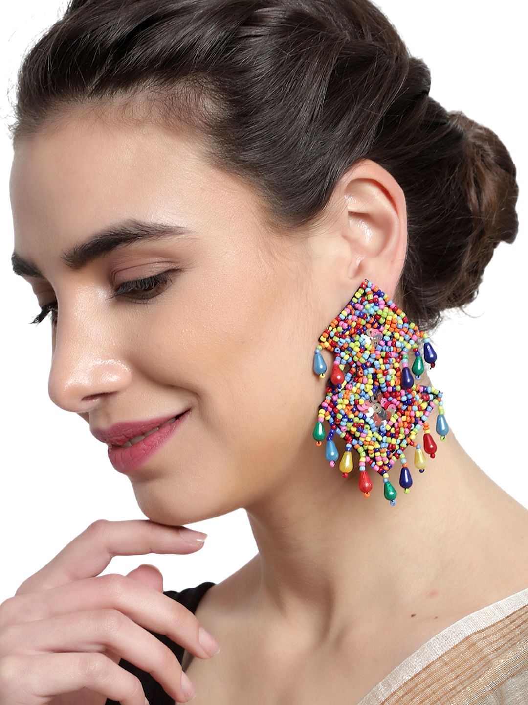 Cardinal Multicolor Beads Floral Geometric Design Weaving Earrings Set