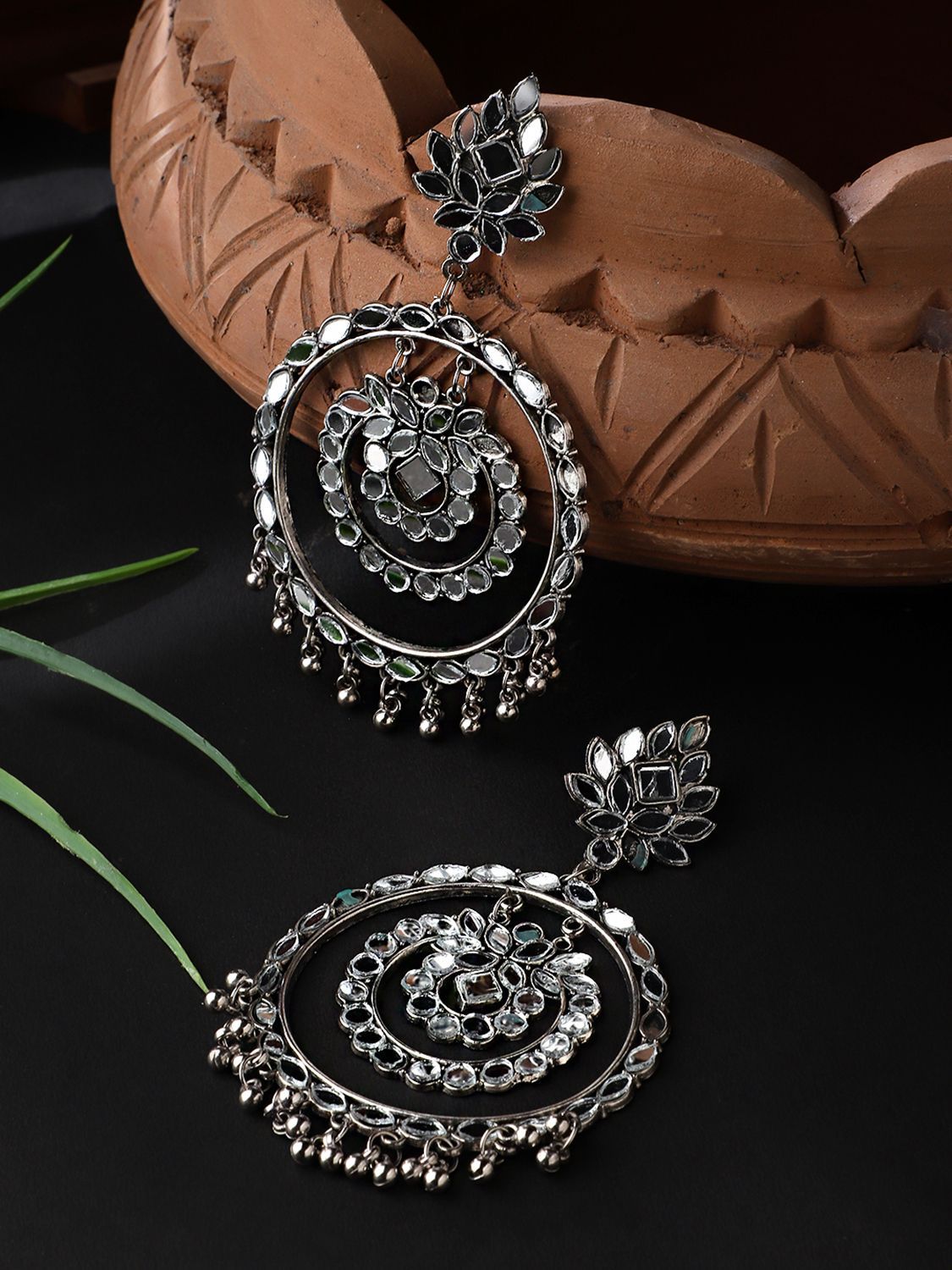 Cardinal Mirror Oxidized Silver Color Mirror Stud Chand Bali Earrings