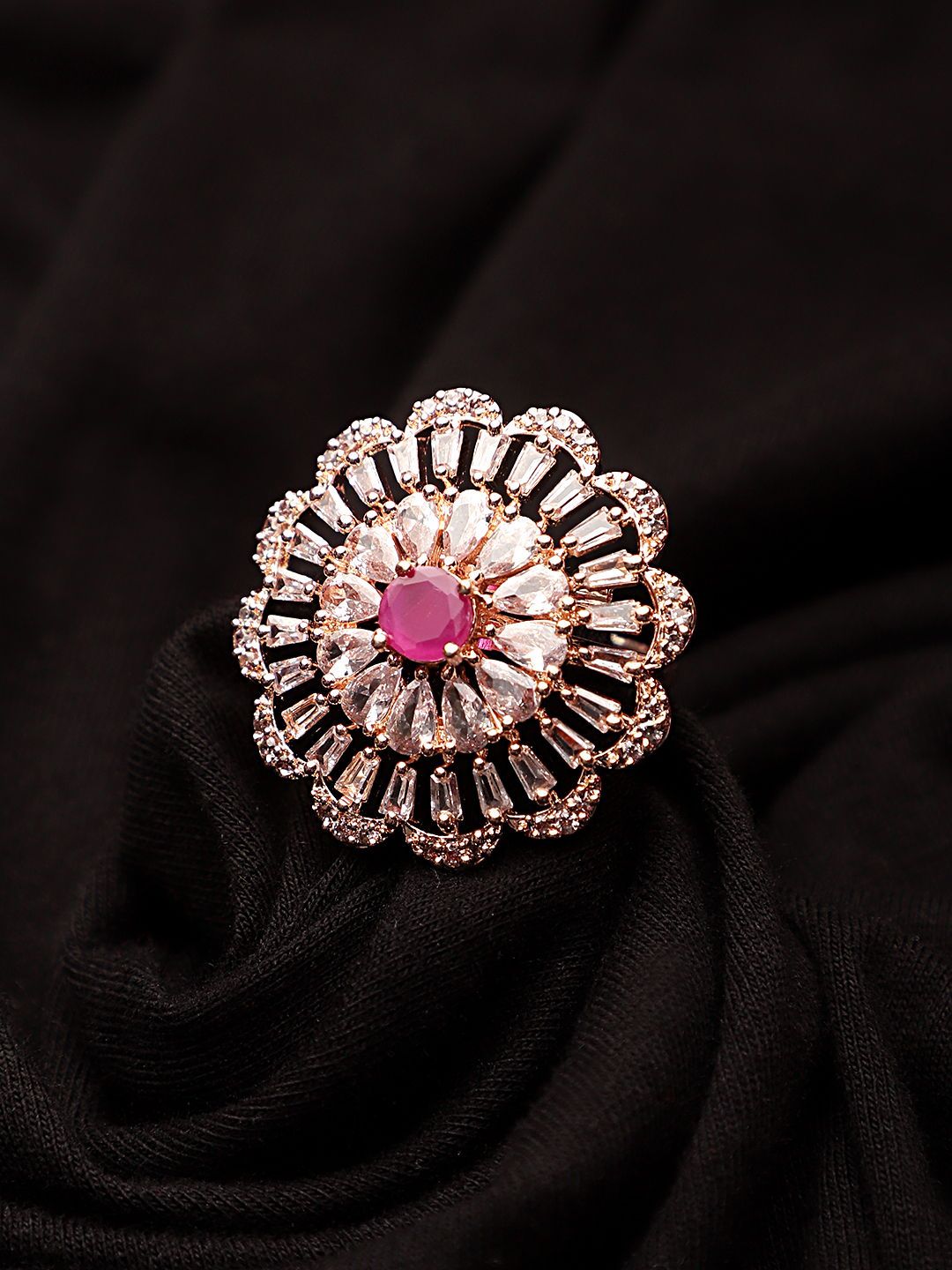 Cardinal Rose Gold Plated Brass Red Stone American Diamond Adjustable Ring