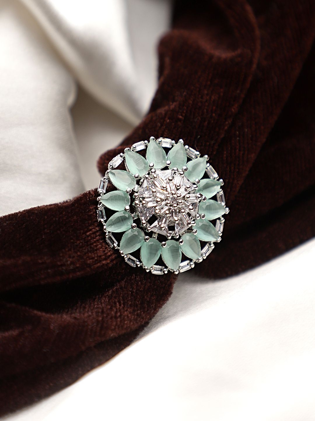 Cardinal American Diamond Silver Plated Pista Color Stone Brass Adjustable Ring