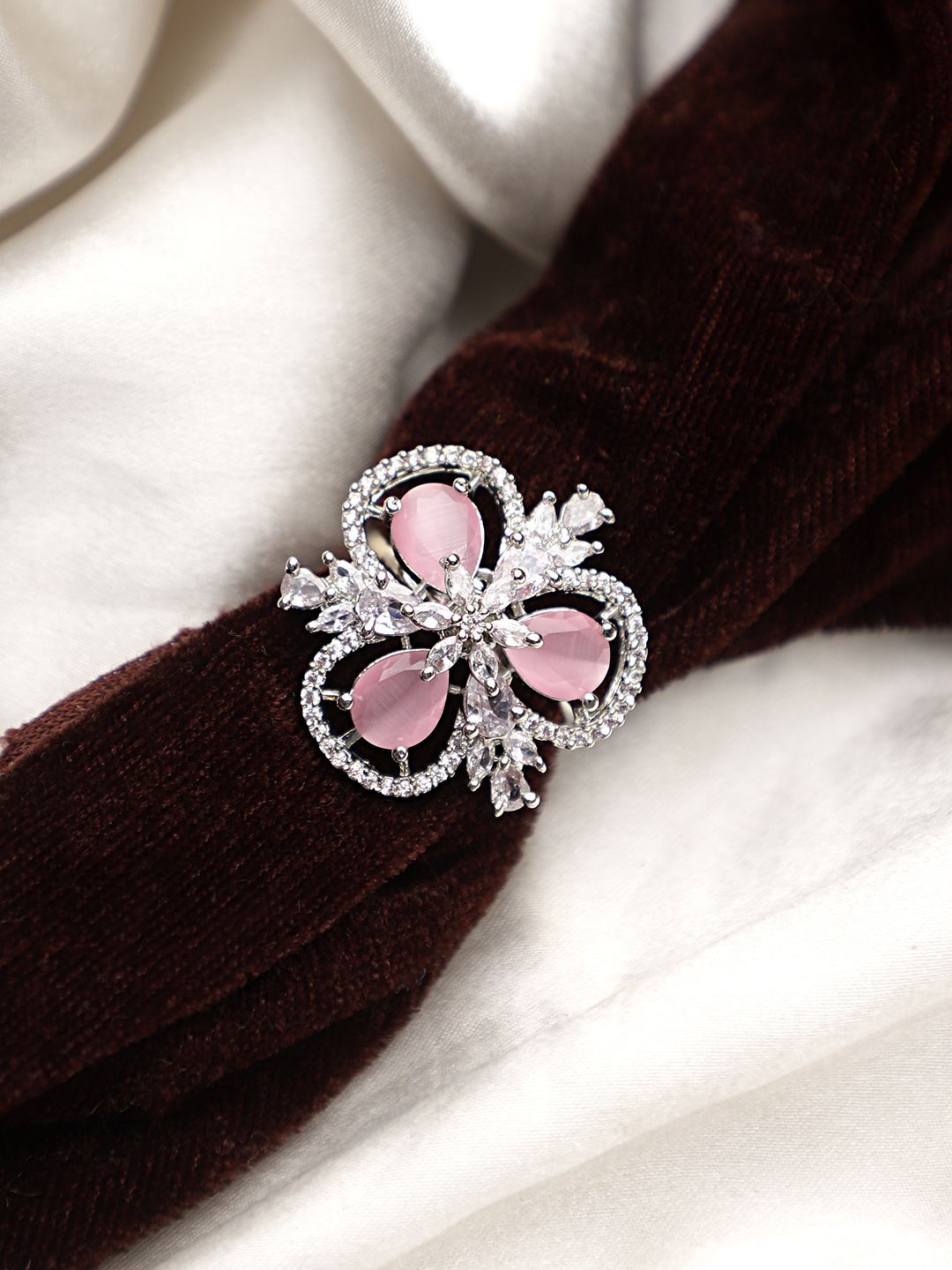 Cardinal American Diamond Brass Silver Plated Pink Stone Adjustable Ring