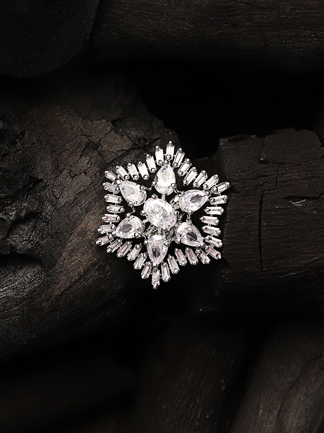 Cardinal Silver Plated American Diamond Adjustable Ring