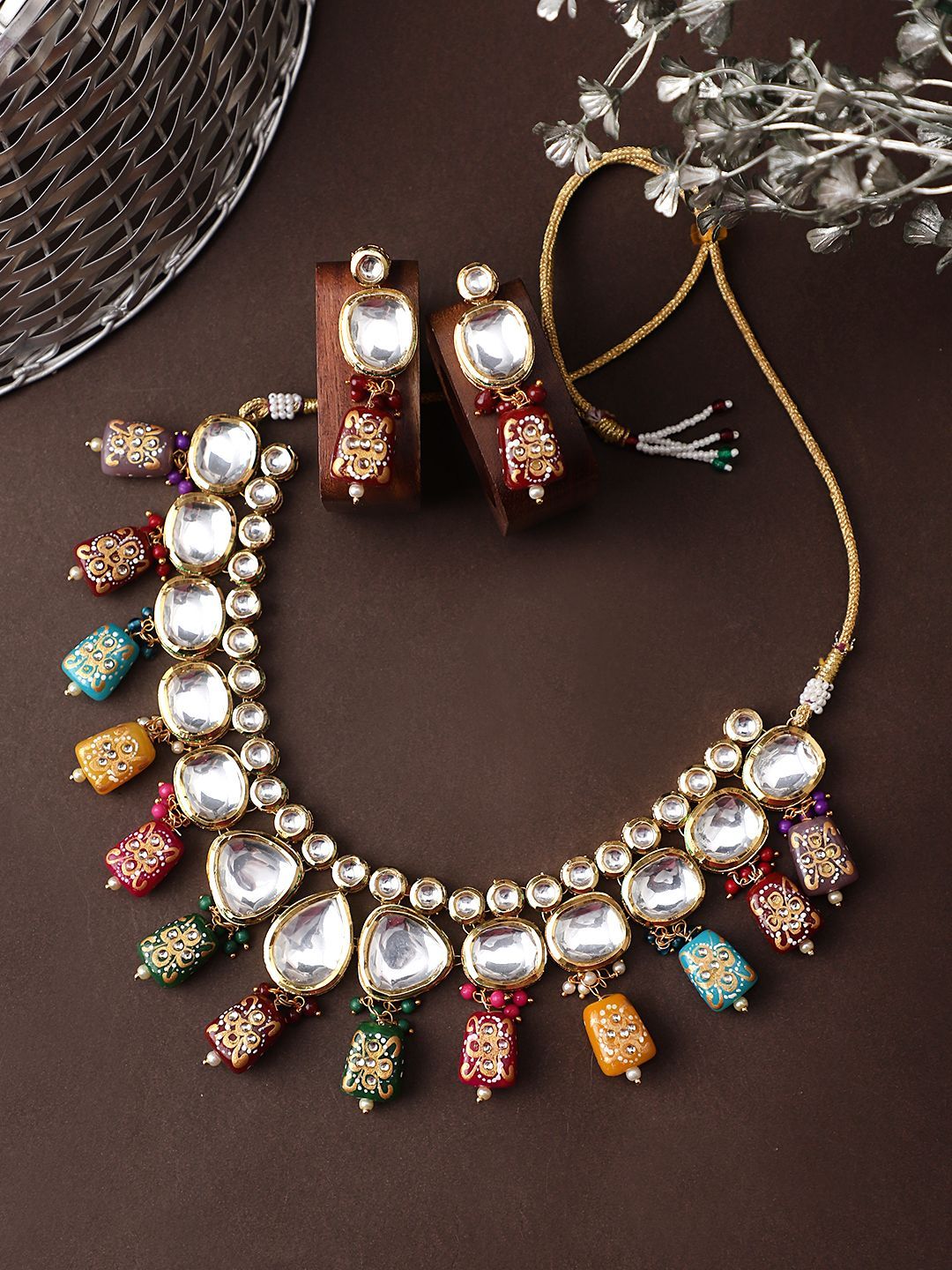Cardinal Multicolor Stone Kundan Gold Plated Brass Party Wear Necklace Set