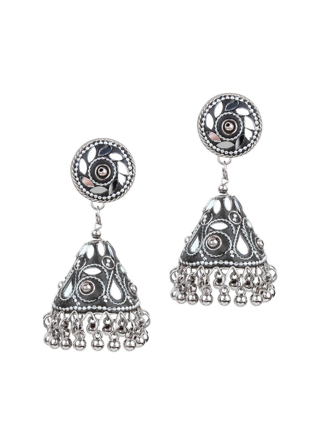 Cardinal Oxidized Silver Color Light Weight Mirror  Jhumki Earrings