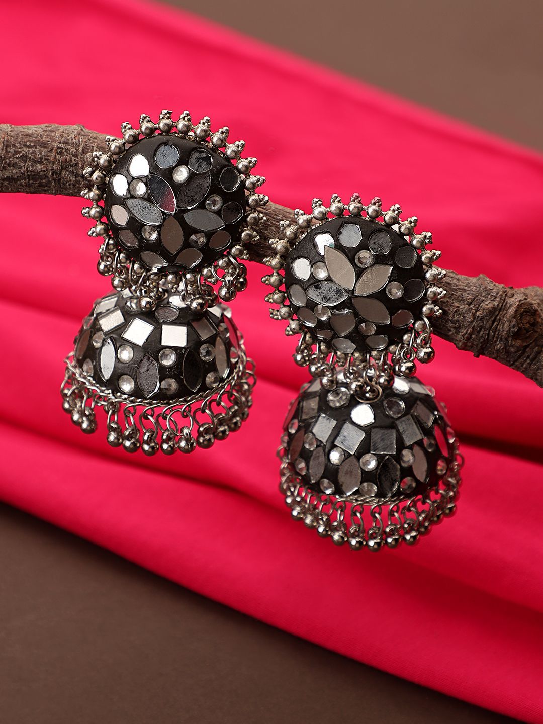 Cardinal Oxidized Silver Color Mirror Light Weight Jhumki Earrings