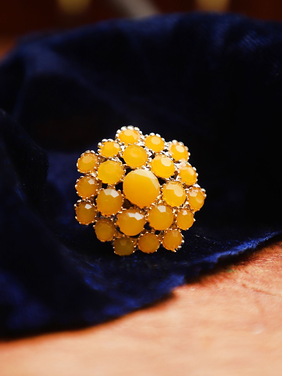 Cardianl Yellow Color Stone Gold Plated Brass Adjustable Ring