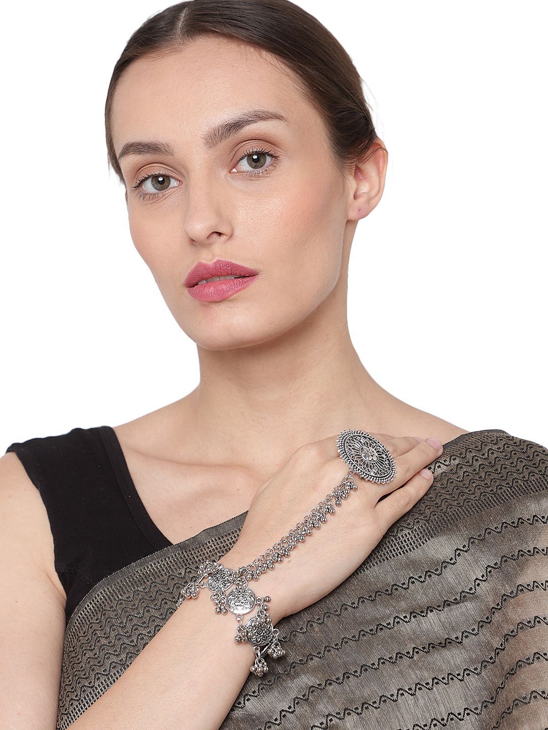 Cardinal Oxidized Silver Color Adjustable Finger Ring Bracelet