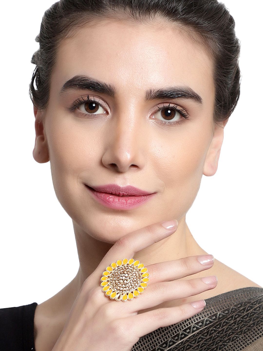 Cardinal Gold Plated Yellow Stone Brass Adjustable Ring