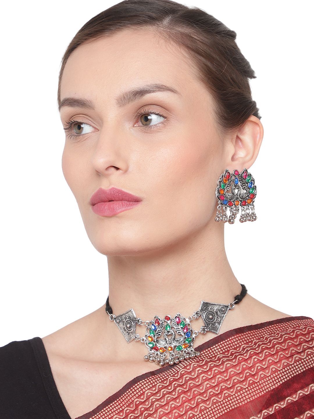 Cardinal Oxidized Silver Multicolor Stone Choker Necklace Set