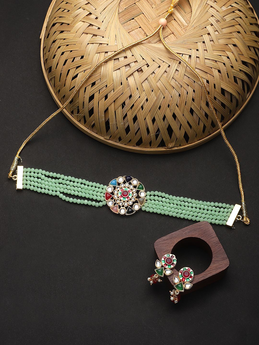 Cardinal Multicolor Stone Light Green Gold Plated Brass Multistring Choker Necklace Set