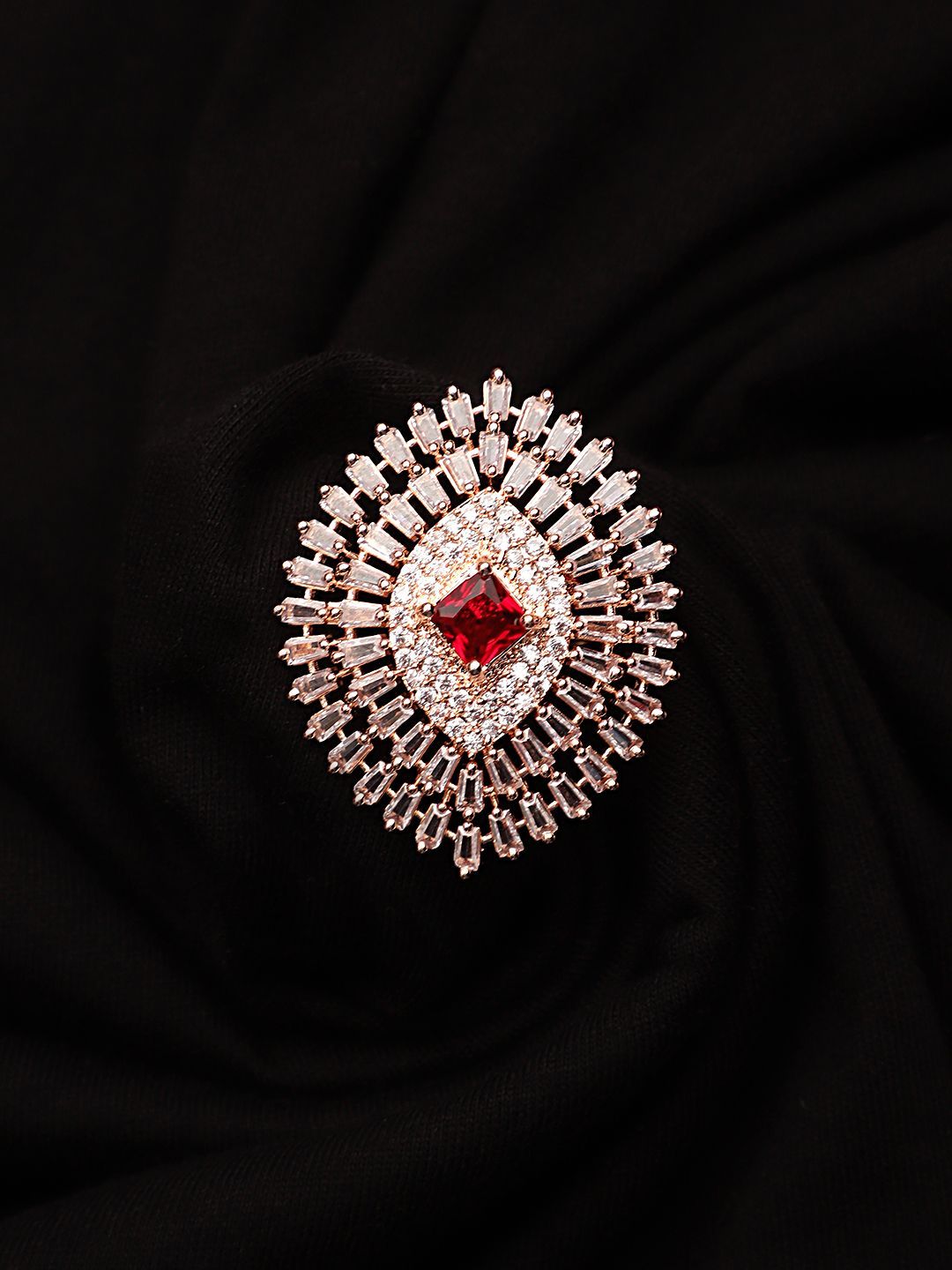 Cardinal Rose Gold Plated Red Stone Brass  American Diamond Adjustable Ring