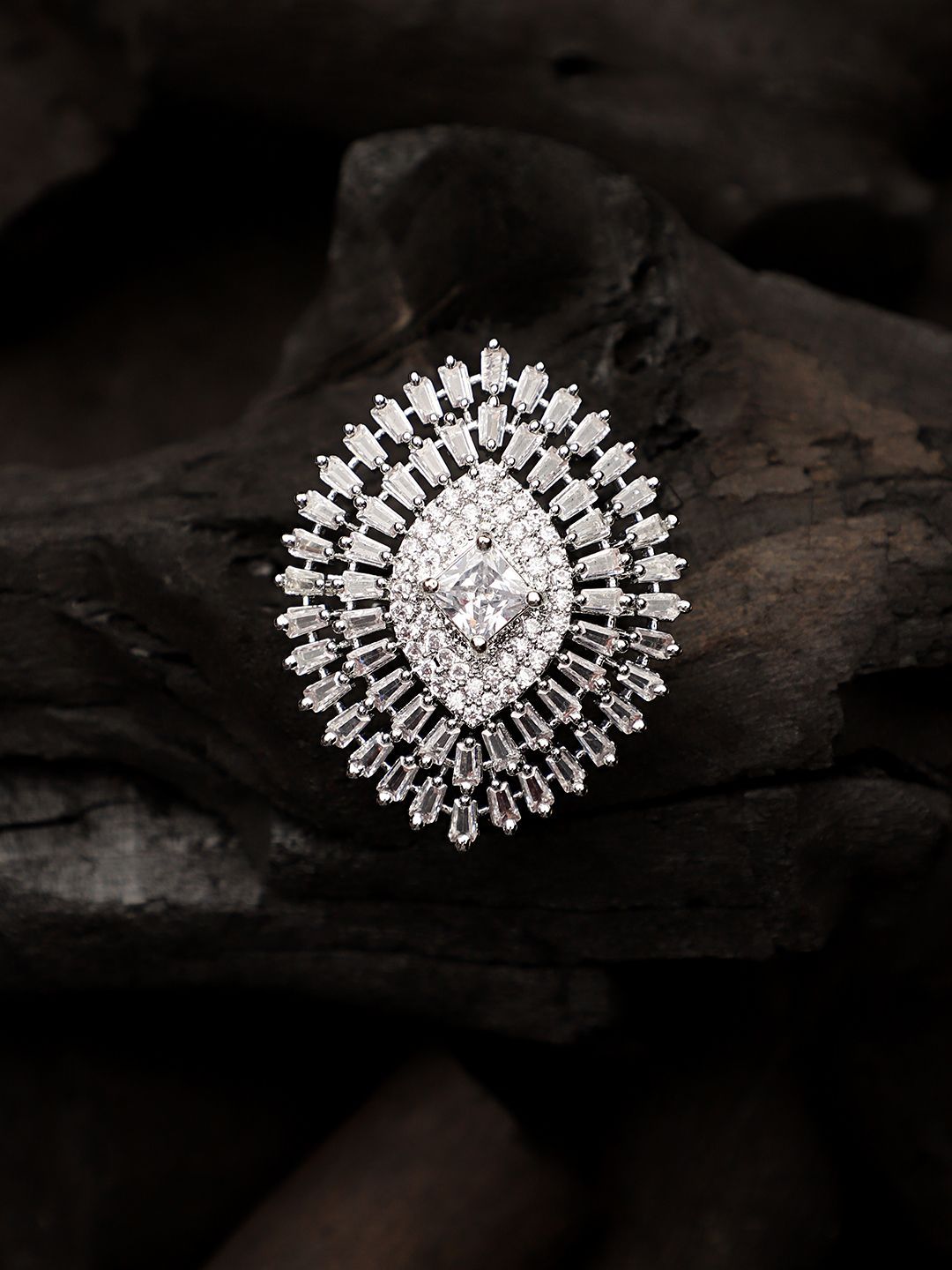 Cardinal Silver Plated American Diamond Brass Adjustable Ring