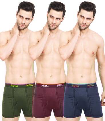 NRG Mens Cotton Assorted Colour  Pocket Trunks ( Pack of 3 Military Green - Maroon - Navy Blue ) G13