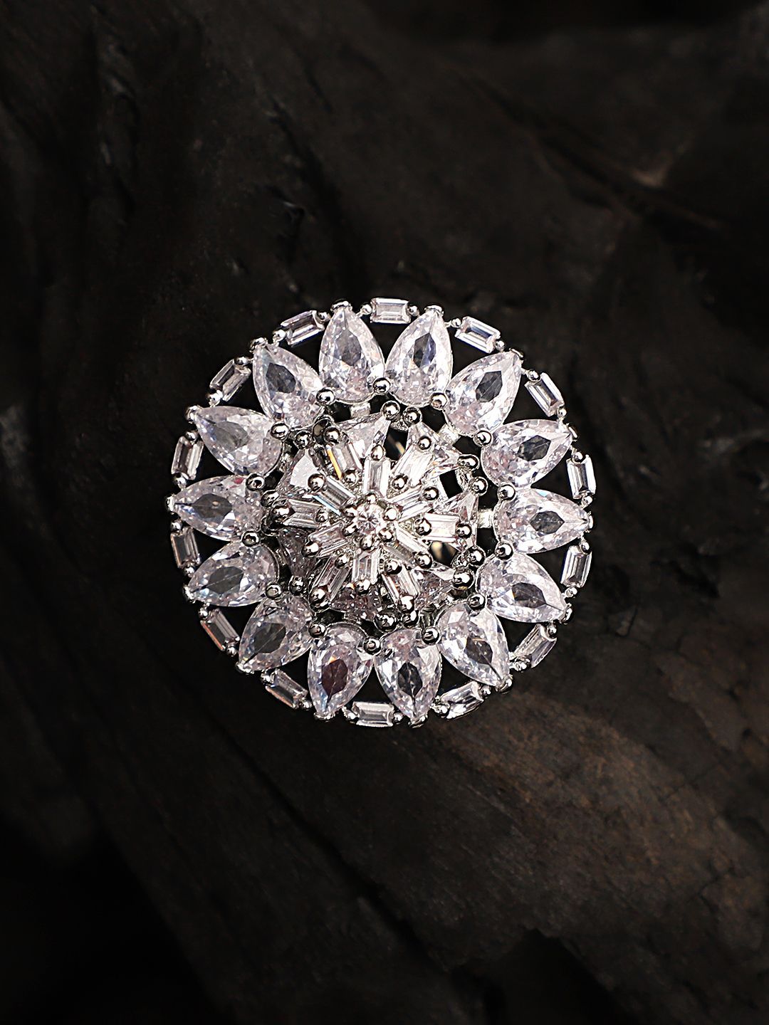Cardinal American Diamond Silver Plated Floral Brass Adjustable Ring