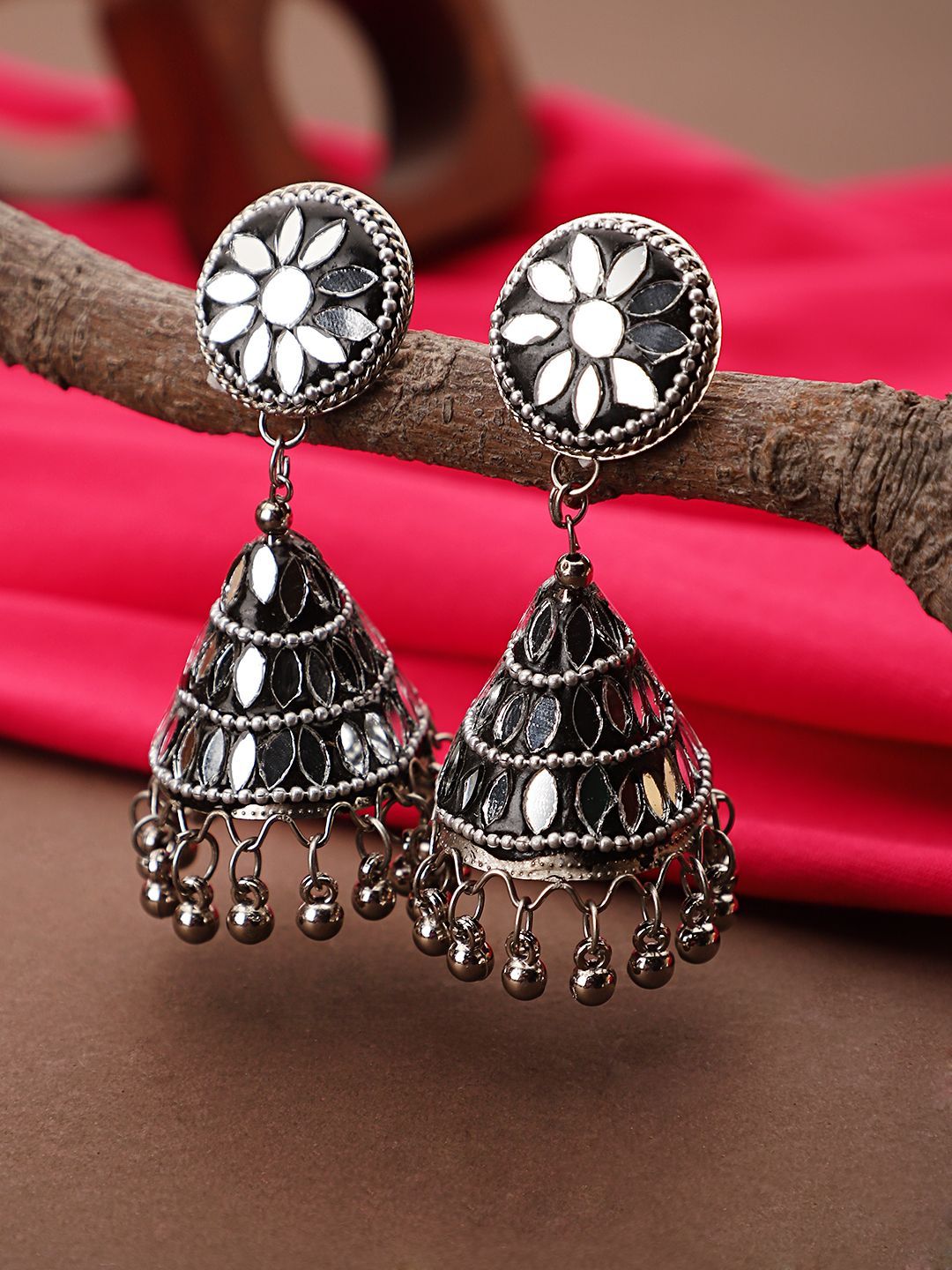 Cardinal Oxidized Silver Mirror Jhumki Earrings Set