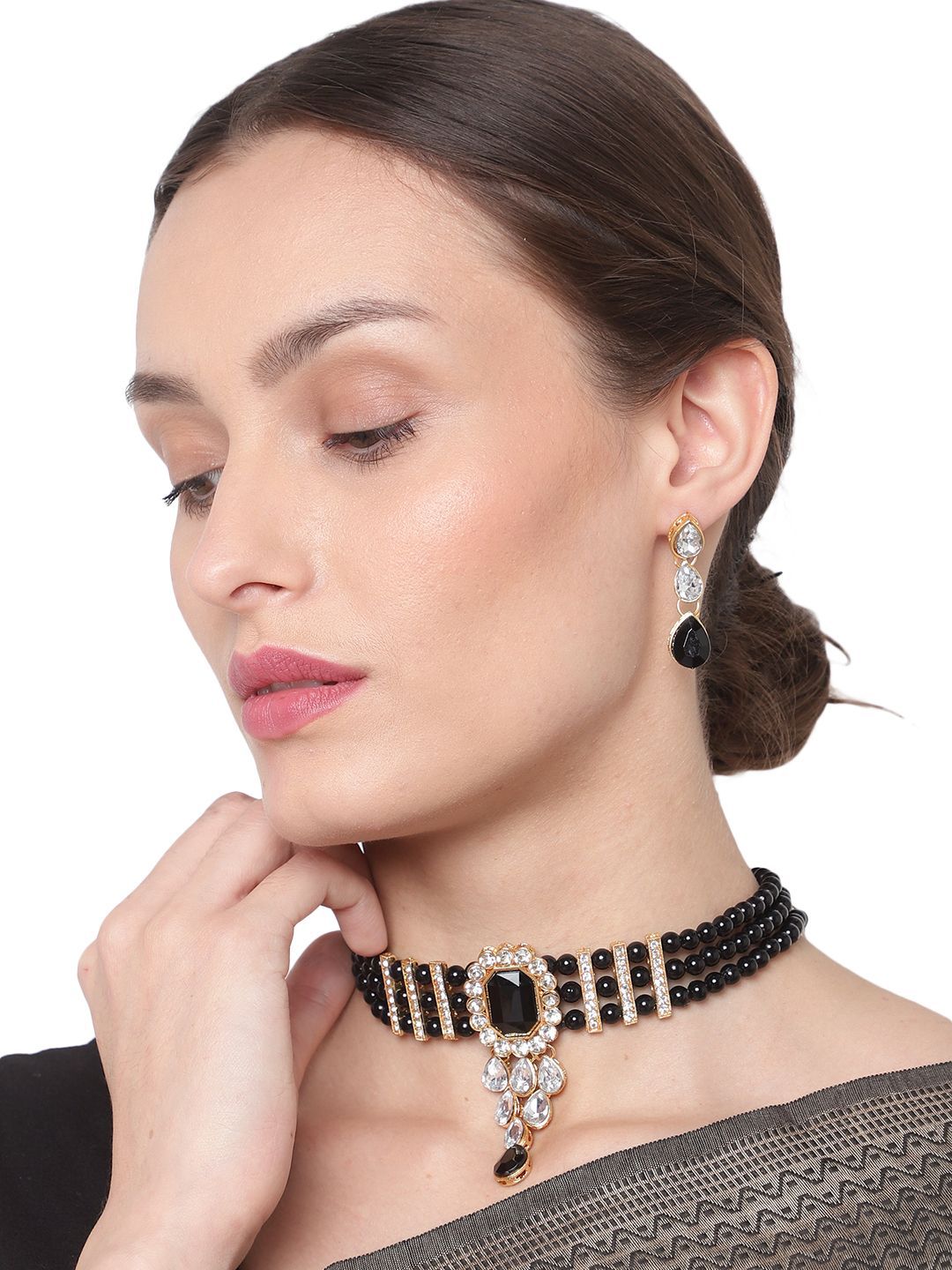 Cardinal Black Color Onyx Multistring Choker Necklace Set